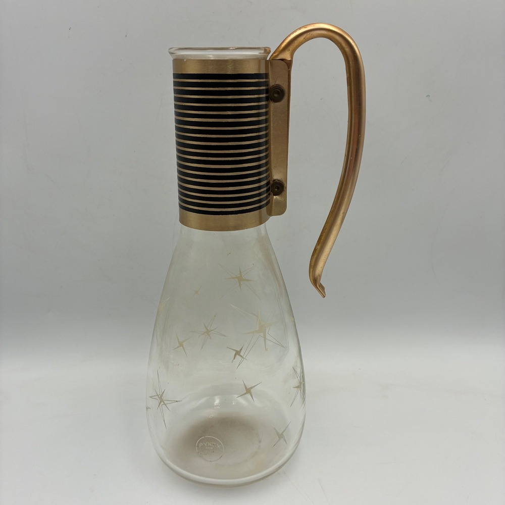 Vintage Pyrex Golden Starburst Glass Carafe Mid Century Modern Atomic Gold Black
